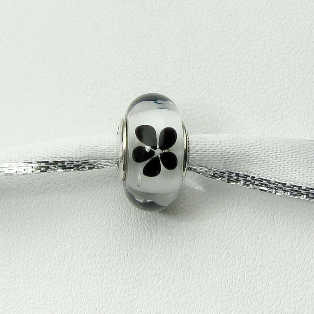 Pandora Black Blossom Flower White Murano Glass Charm